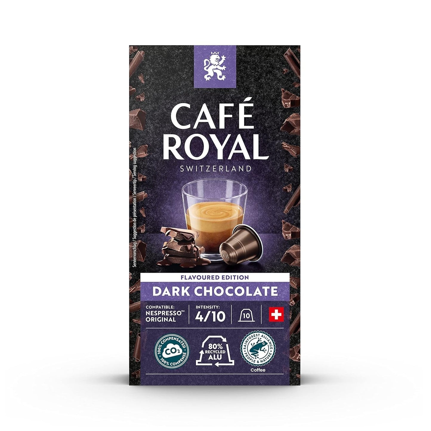Café Royal Dark Chocolate Flavored 100 Kapseln für Nespresso Kaffee Maschine - 4/10 Intensität - UTZ-certifiziert, aus Aluminium & Lungo 36 Kapseln für Nespresso Kaffee Maschine - 4/10 Intensität