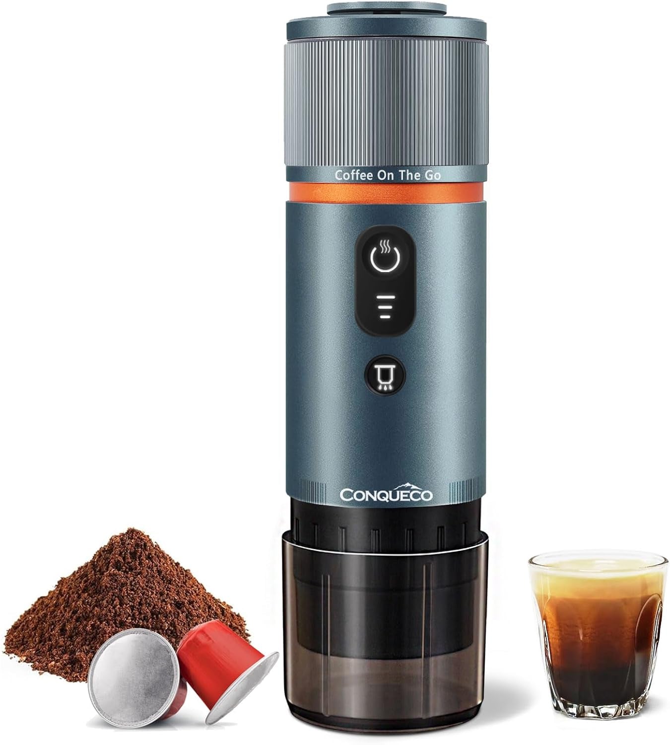 CONQUECO 12V bilespressomaskine: Bærbar espressomaskine med batteri til camping og rejse - Hurtig opvarmning på 2,5 minutter - 8 espressokopper på én opladning