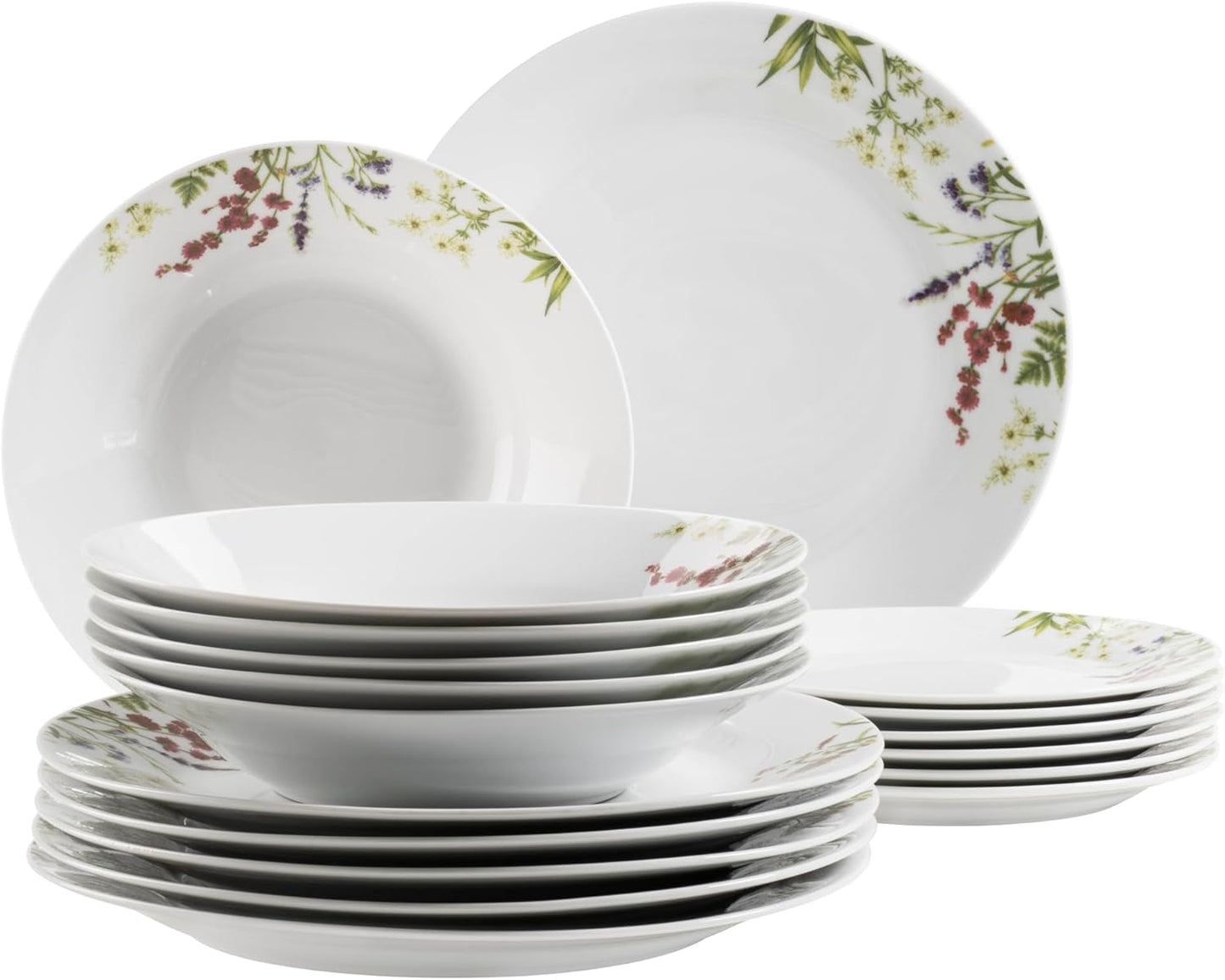 Mäser Urtehave 4-personers 18-delt blomster-detaljeret porcelænssæt inklusive middagstallerkener, suppetallerkener og desserttallerkener, porcelæn, hvid