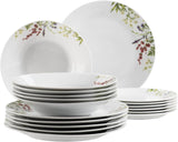 Mäser Urtehave 4-personers 18-delt blomster-detaljeret porcelænssæt inklusive middagstallerkener, suppetallerkener og desserttallerkener, porcelæn, hvid