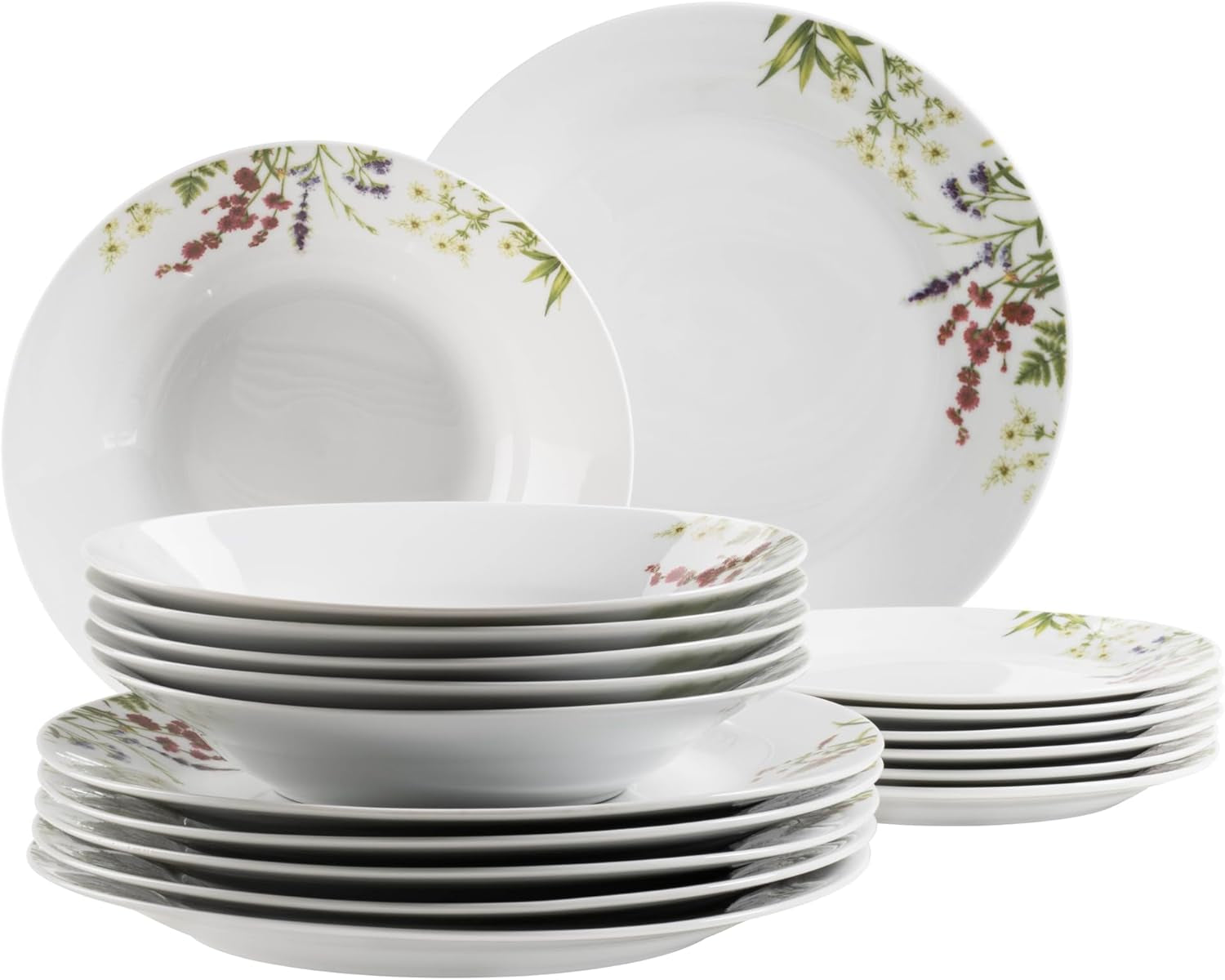 Mäser Urtehave 4-personers 18-delt blomster-detaljeret porcelænssæt inklusive middagstallerkener, suppetallerkener og desserttallerkener, porcelæn, hvid