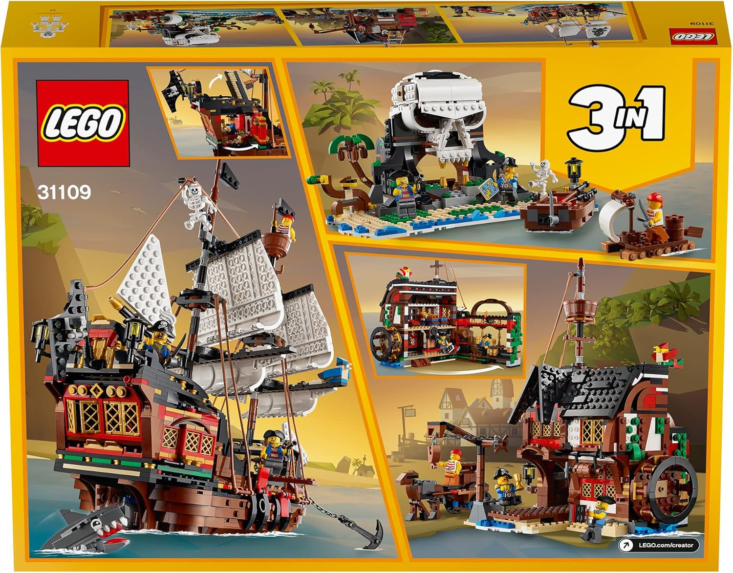 LEGO Creator 3-i-1 piratskibssæt, legetøj med 3 byggemuligheder, byg en piratværtshus eller kraniepiratø, inkluderer 3 rollespilseventyrminifigurer 31109 byggesæt Besuche den LEGO-Store