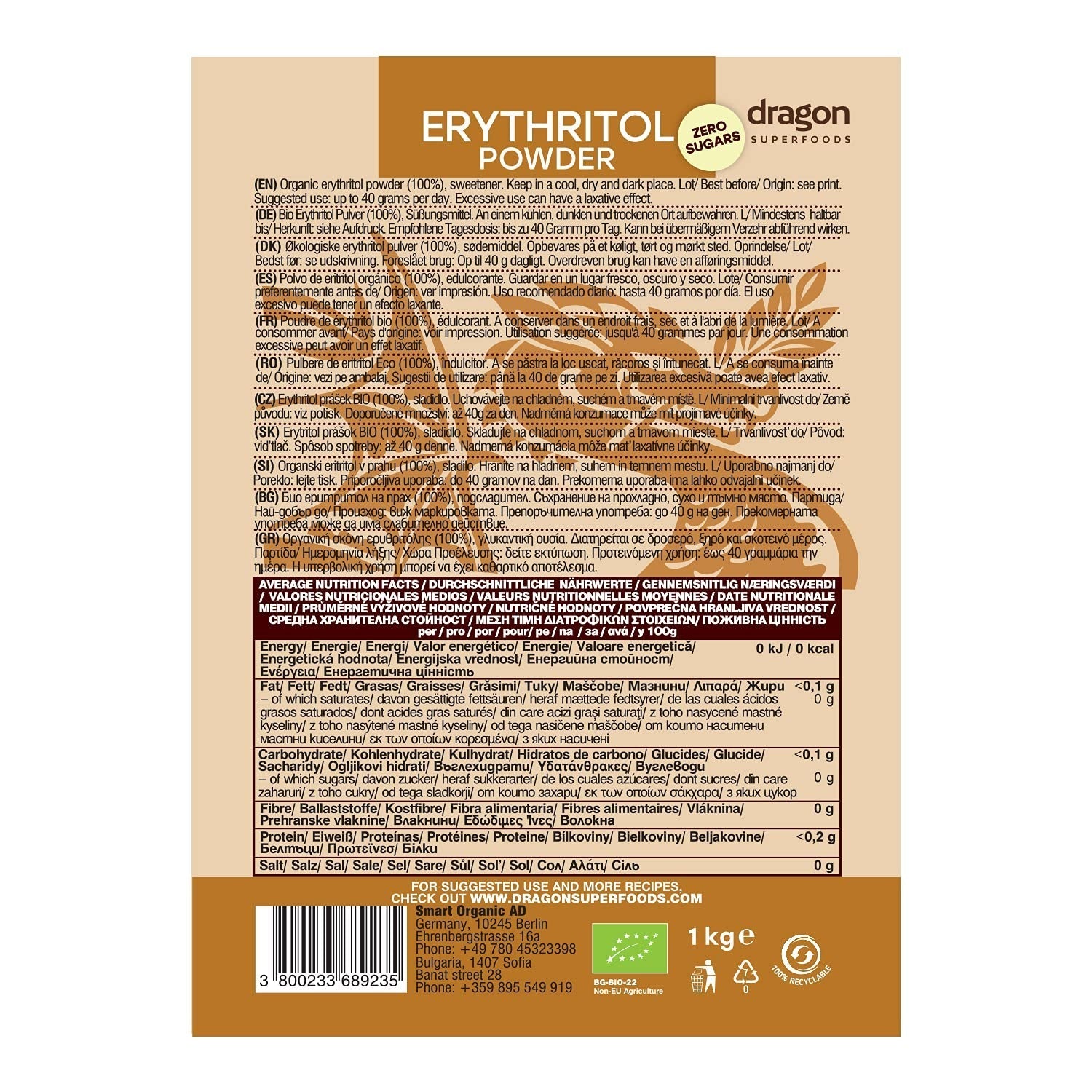 Bio Erythrit - Pulver, 100 % bio, vegansk, null Kalorien-1 kg sødemidler Naty Shop