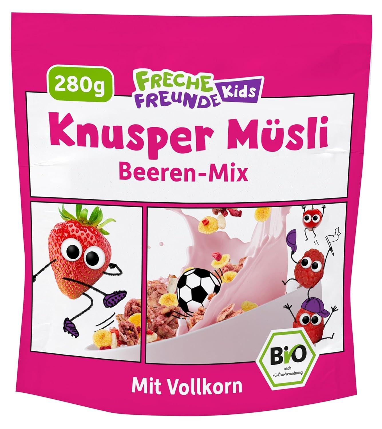 FRECHE FREUNDE Økologisk morgenmadsmüsli Eddas bærsprøde müsliblanding til skolebørn med frysetørrede jordbær Vegansk 6-pak (6 x 280 g)