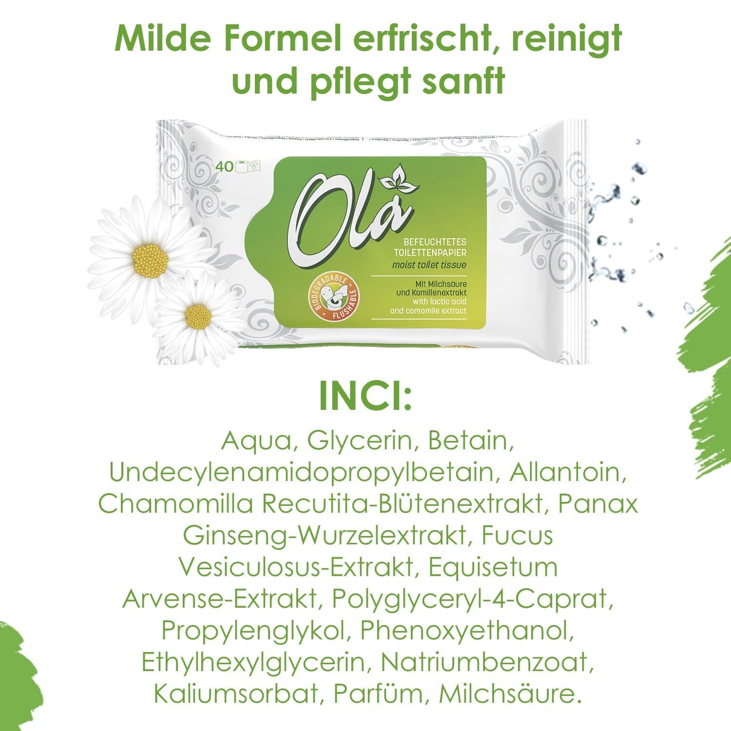 OLA vådt toiletpapir - (1X40 stk.) Vådservietter - kamilleekstrakt og mælkesyre, vaskbar, følsom hud - 40 stk.