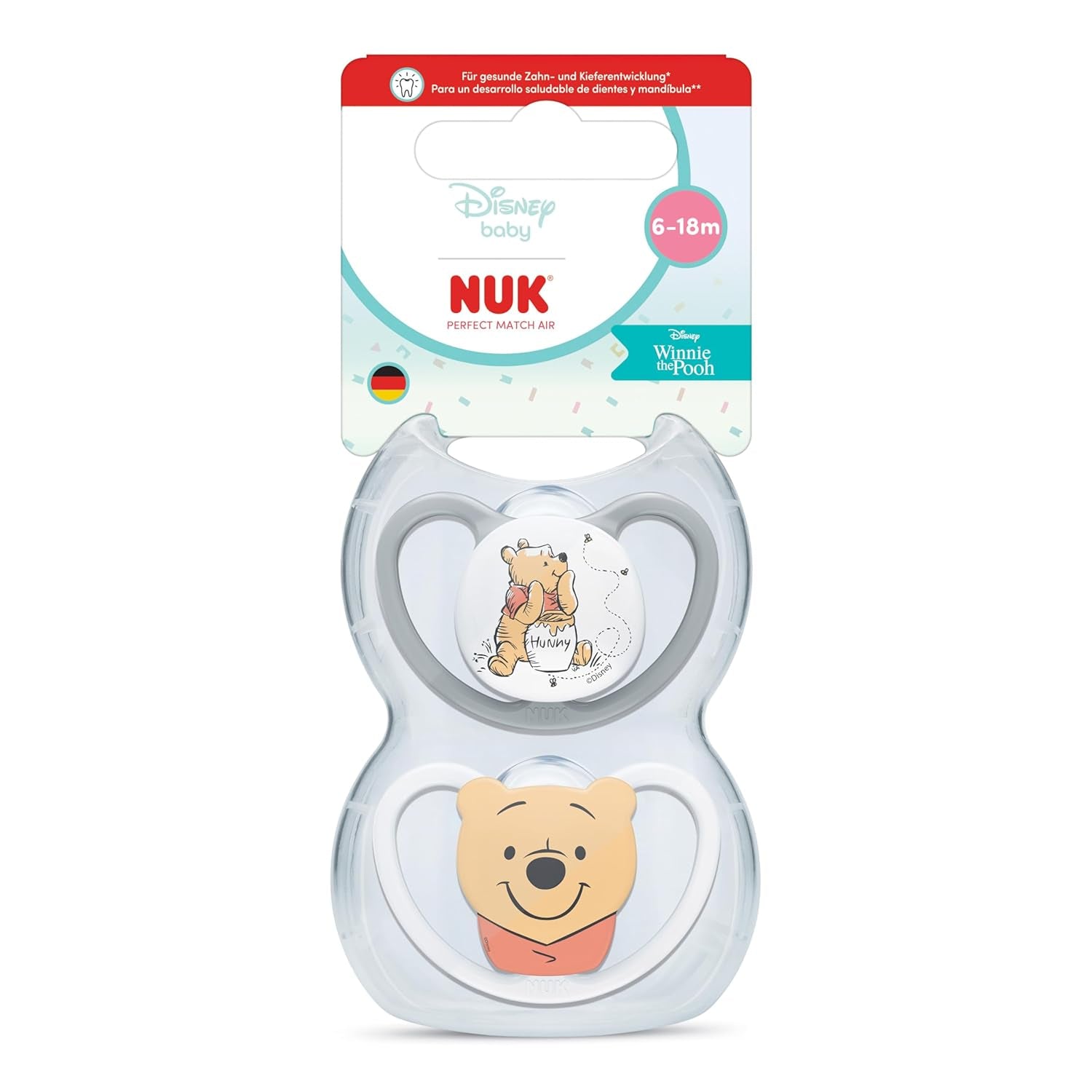 NUK Perfect Match luftsutter til babyer | 6-18 måneder | Ortodontiske sutter, der fremmer luftcirkulationen og forhindrer udslæt forårsaget af spyt | 95 % accept af babyer** | Disney Peter Plys | Pakke med 2