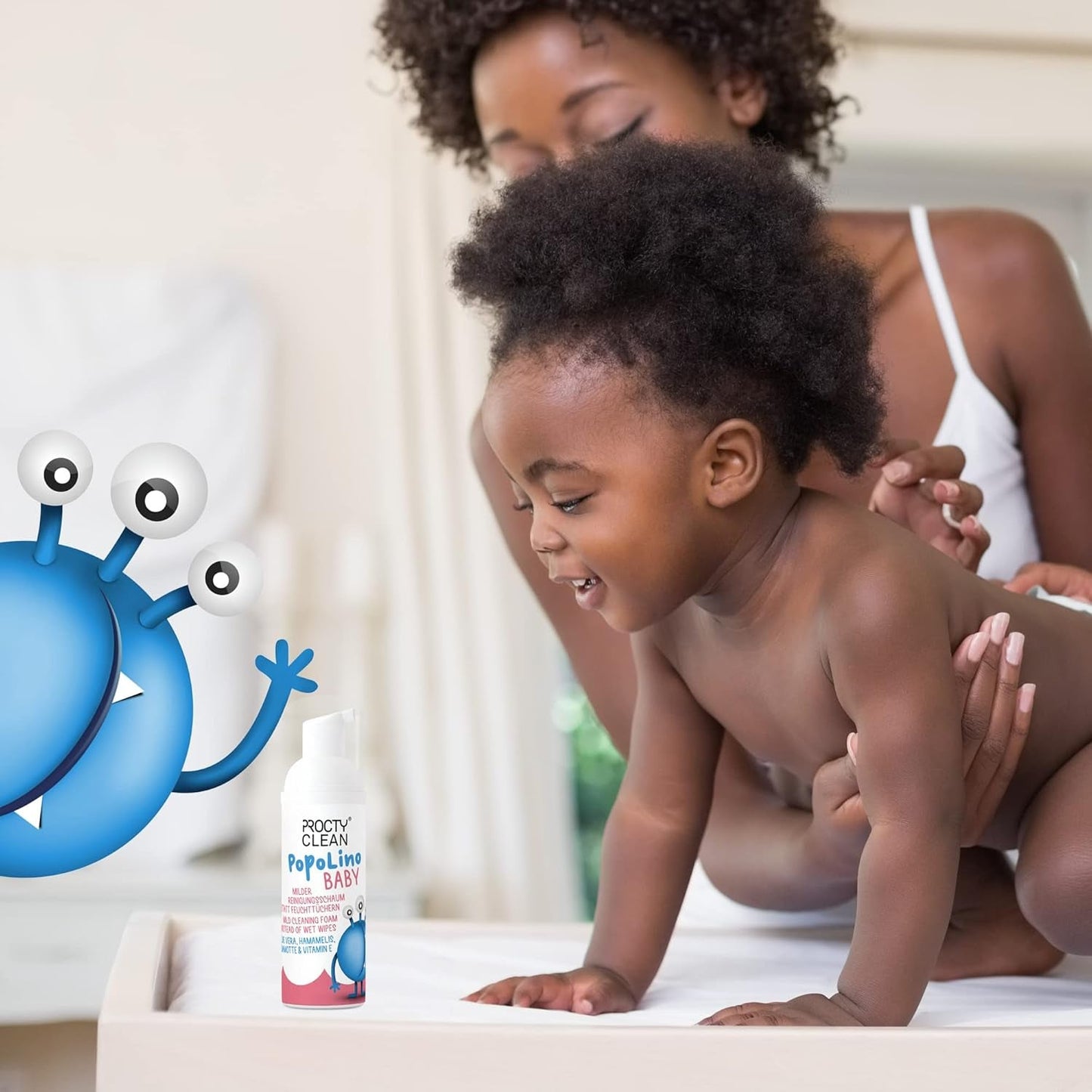PopoLino Baby blød bundskum i stedet for våde babyservietter. Vegansk og naturligt kosmetisk renseskum! Bundskum med aloe vera, troldnød, bergamot og E-vitamin. Gør bunde og miljø glade.