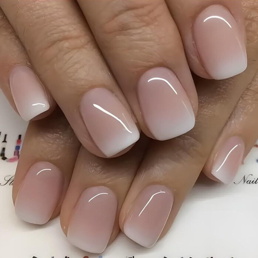 Selvklæbende kunstige neglesæt - franske falske negle - 24 stykker Kort firkantet design Hvid Pink Gradient Kunstige Negle Ballerina Manicure (Kort Pink Gradient)