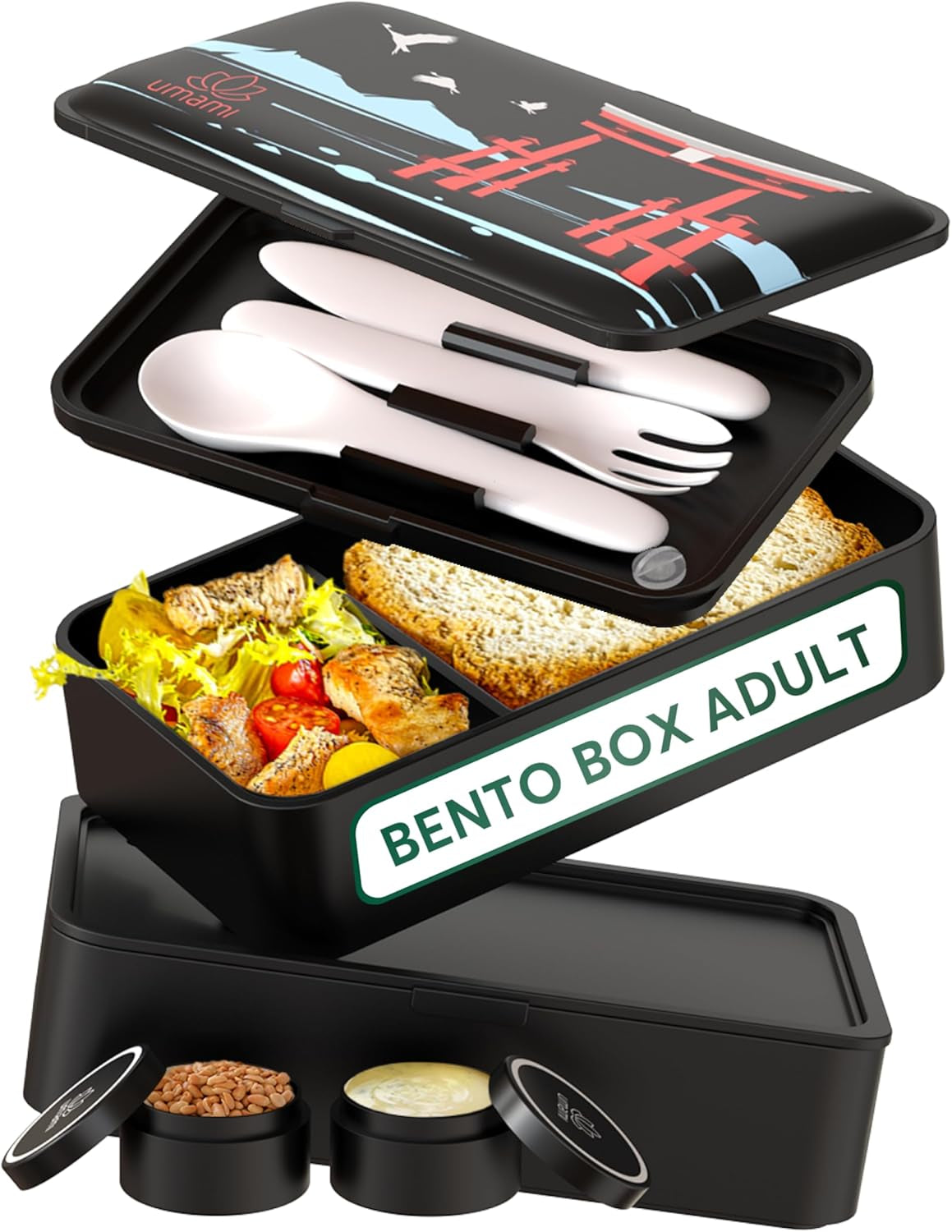 Umami madkasse til voksne, 4 bestik og rum Lækagesikker stabelbar Bento-kasse, voksenmadkasse, To-go-salatbeholder, Picnic-/kontormadkasse, koksgrå, 1500 ml Naty Shop Black Pp Fødevareopbevaringsbokse - Torii Special Edition L - 1200 ml