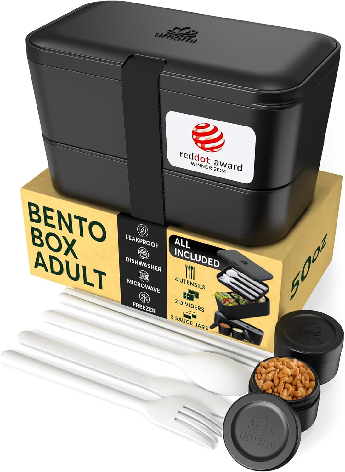 Umami madkasse til voksne, 4 bestik og rum Lækagesikker stabelbar Bento-kasse, voksenmadkasse, to-go salatbeholder, Picnic/kontor madpakke, koksgrå, 1500 ml Naty Shop Onix Black Food Opbevaringsbokse - 1500 ml L - 1500 ml kan stables inde i hinanden