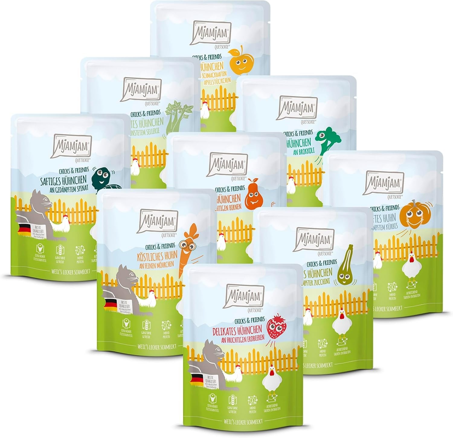 MjAMjAM - Premium Nassfutter für Katzen - Chicks & Friends Box, 9er Pack (9 x 300 g), getreidefrei mit extra Fleisch