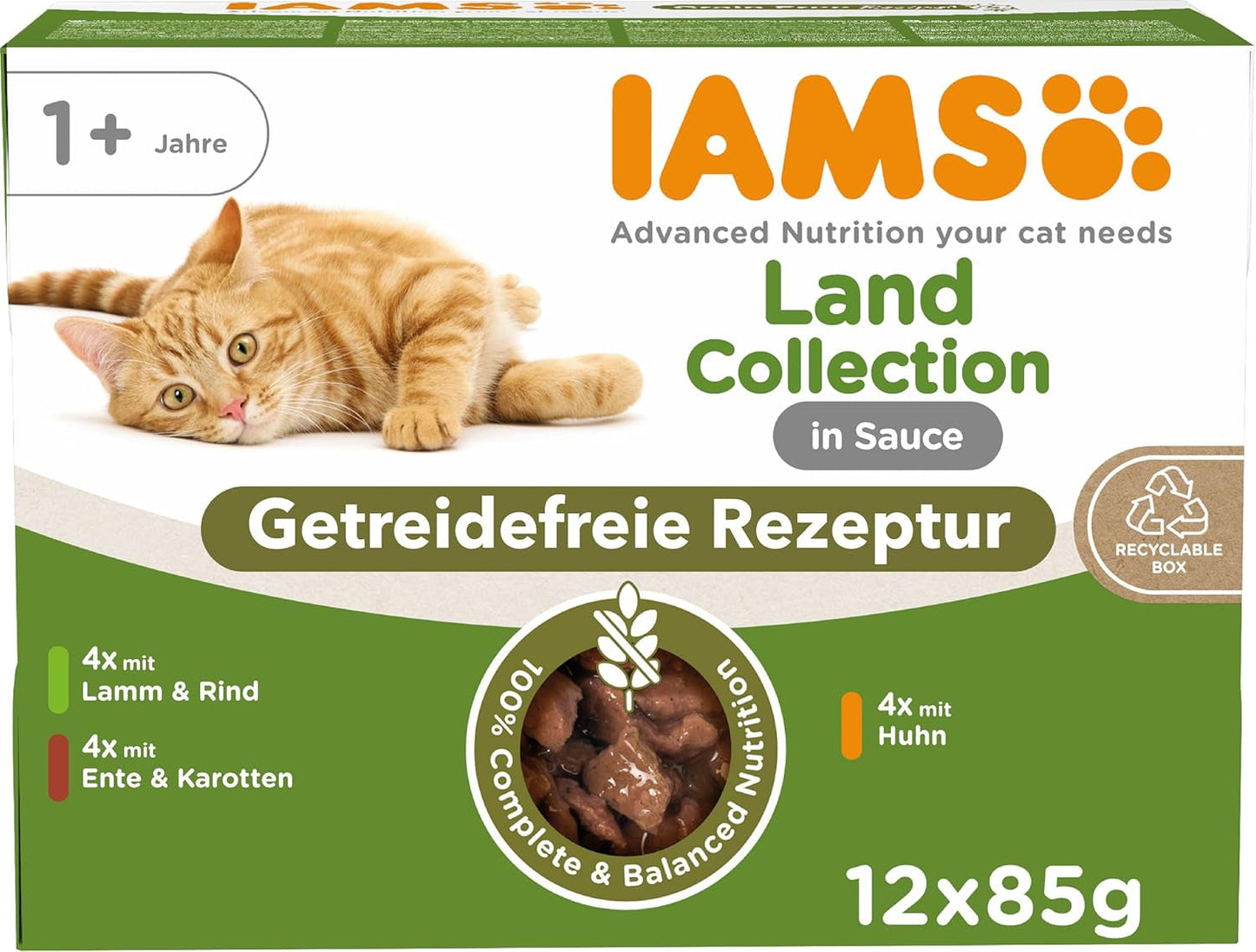 IAMS Delights Land Collection Kornfrit våd kattefoder - Kødsortspakke Multipack Kornfrit vådfoder til katte 1 år og derover 12 x 85 g