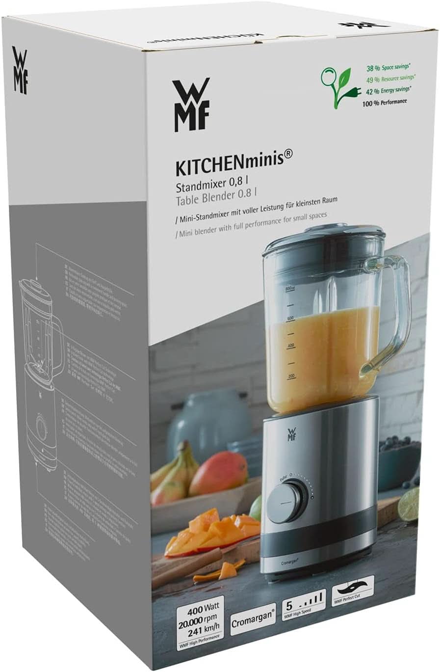 WMF Küchenminis Kompaktmixer, Mini Standmixer, 400 Watt, Standmixer Klein, Glasbeholdere 0,8 L, Pulsstufe, Cromargan Matt Kitchen Naty Shop