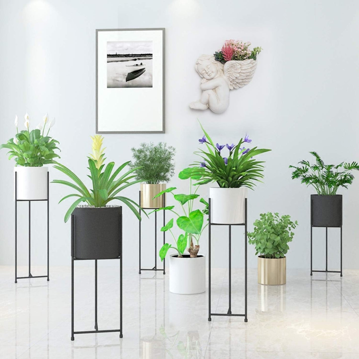 Væg og flad overflademonteret plantepotte 20 cm Højde Engelhoved Vægmontering Blomsterstand Vase Dukke Ansigt Harpiks Pottebord Plantebeholder potter