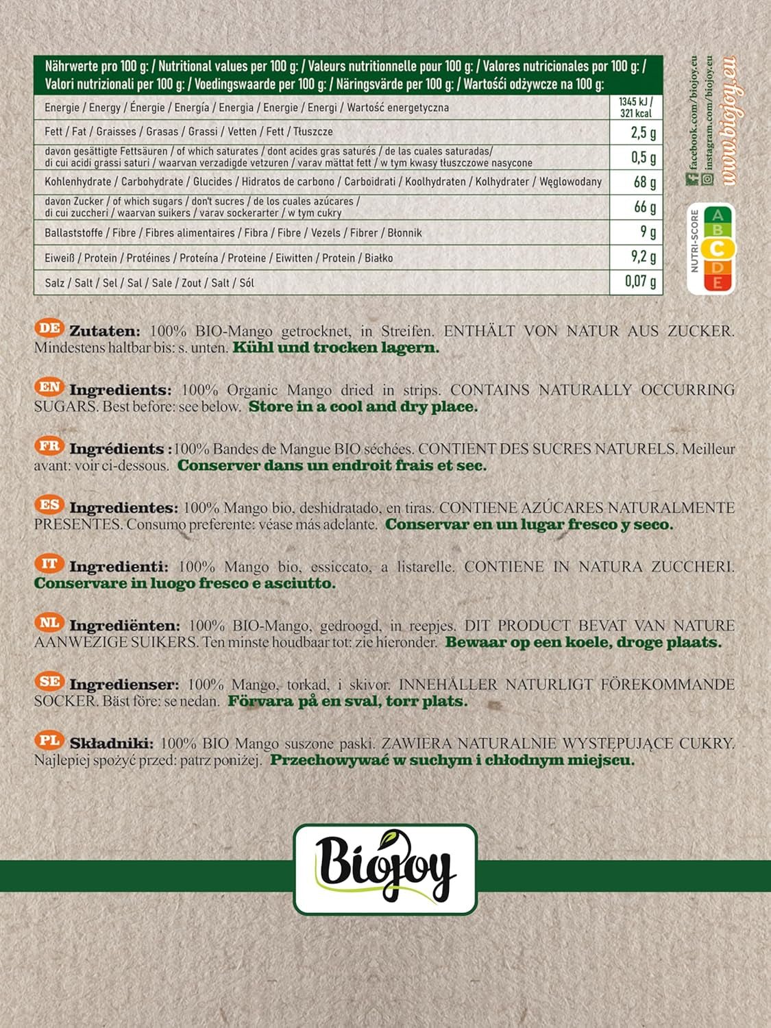 Biojoy BIO tørret mango (1 kg), usvovlede Naty Shop dehydrerede produkter