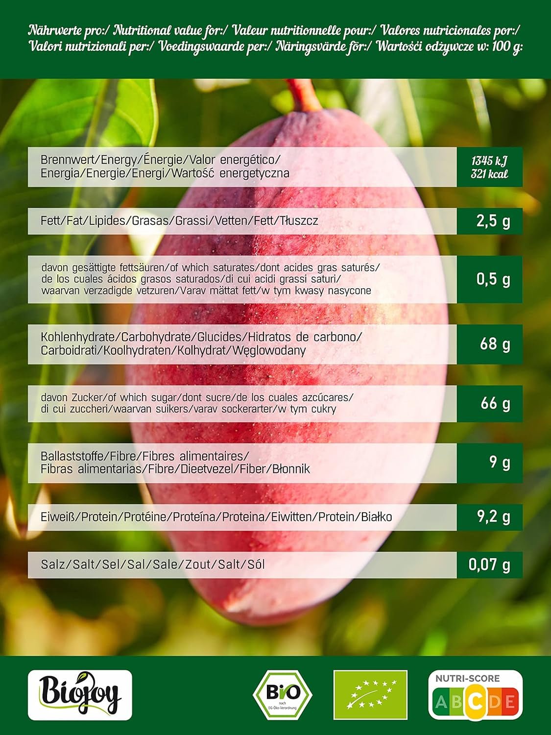 Biojoy BIO tørret mango (1 kg), usvovlede Naty Shop dehydrerede produkter