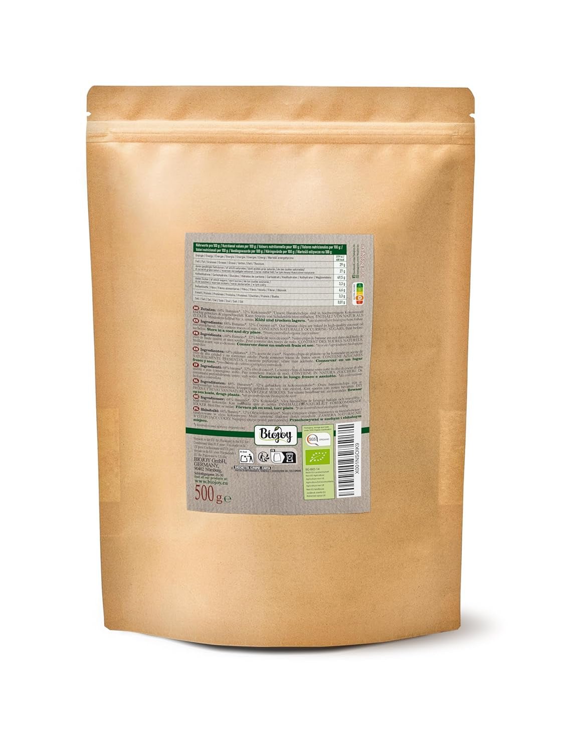 Biojoy økologiske bananchips (500 g), tørrede og usvovlede Naty Shop dehydrerede produkter