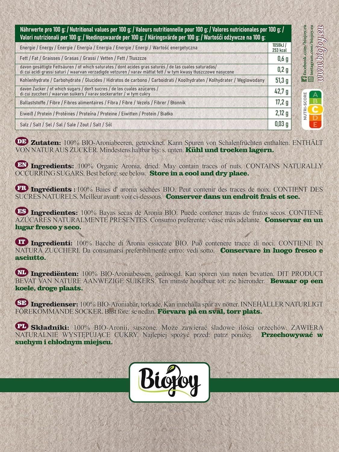 Biojoy økologiske aroniafrugter (1 kg), tørrede og hele (Aronia melanocarpa) Dehydrerede produkter Naty Shop