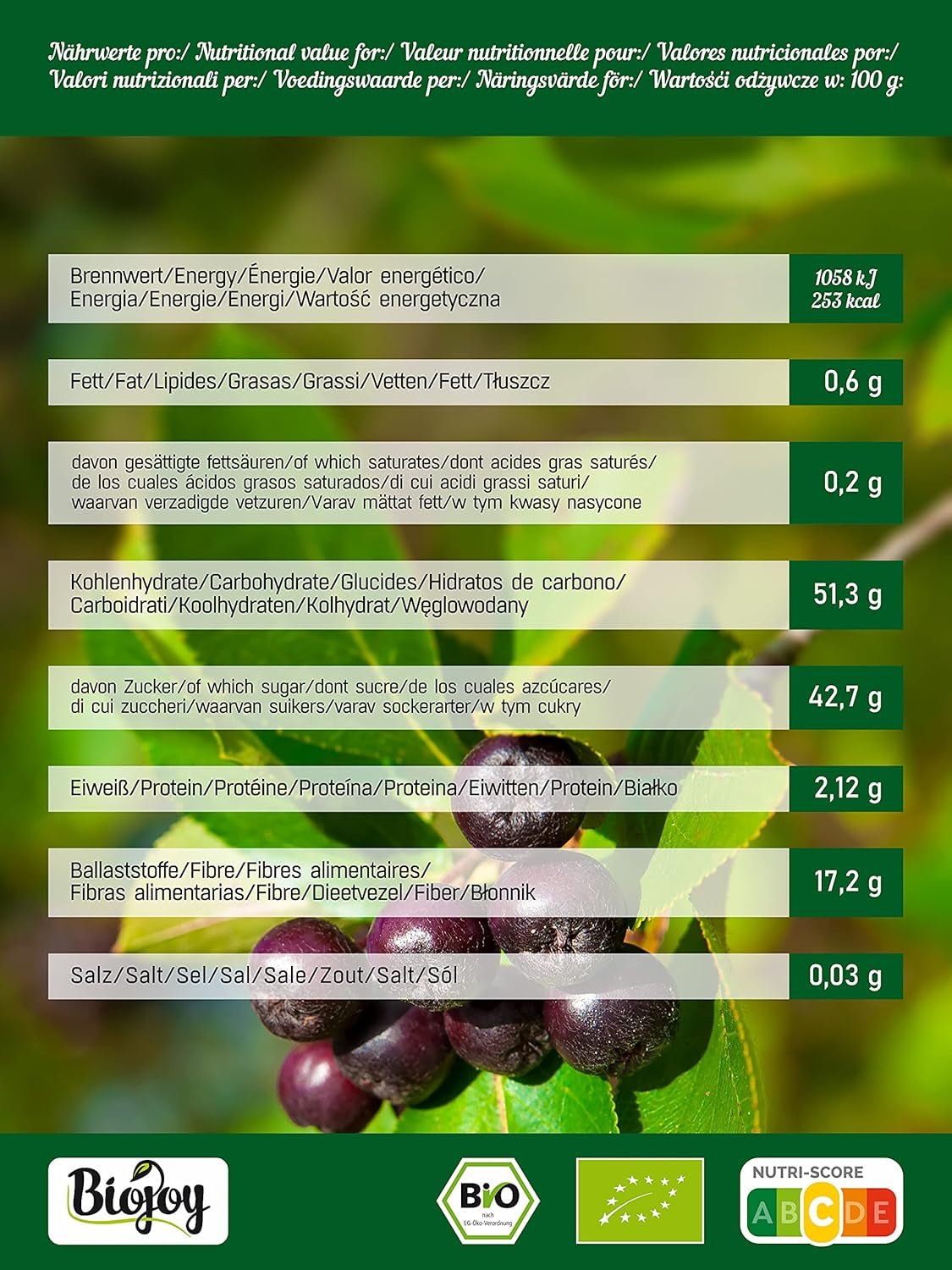 Biojoy økologiske aroniafrugter (1 kg), tørrede og hele (Aronia melanocarpa) Dehydrerede produkter Naty Shop