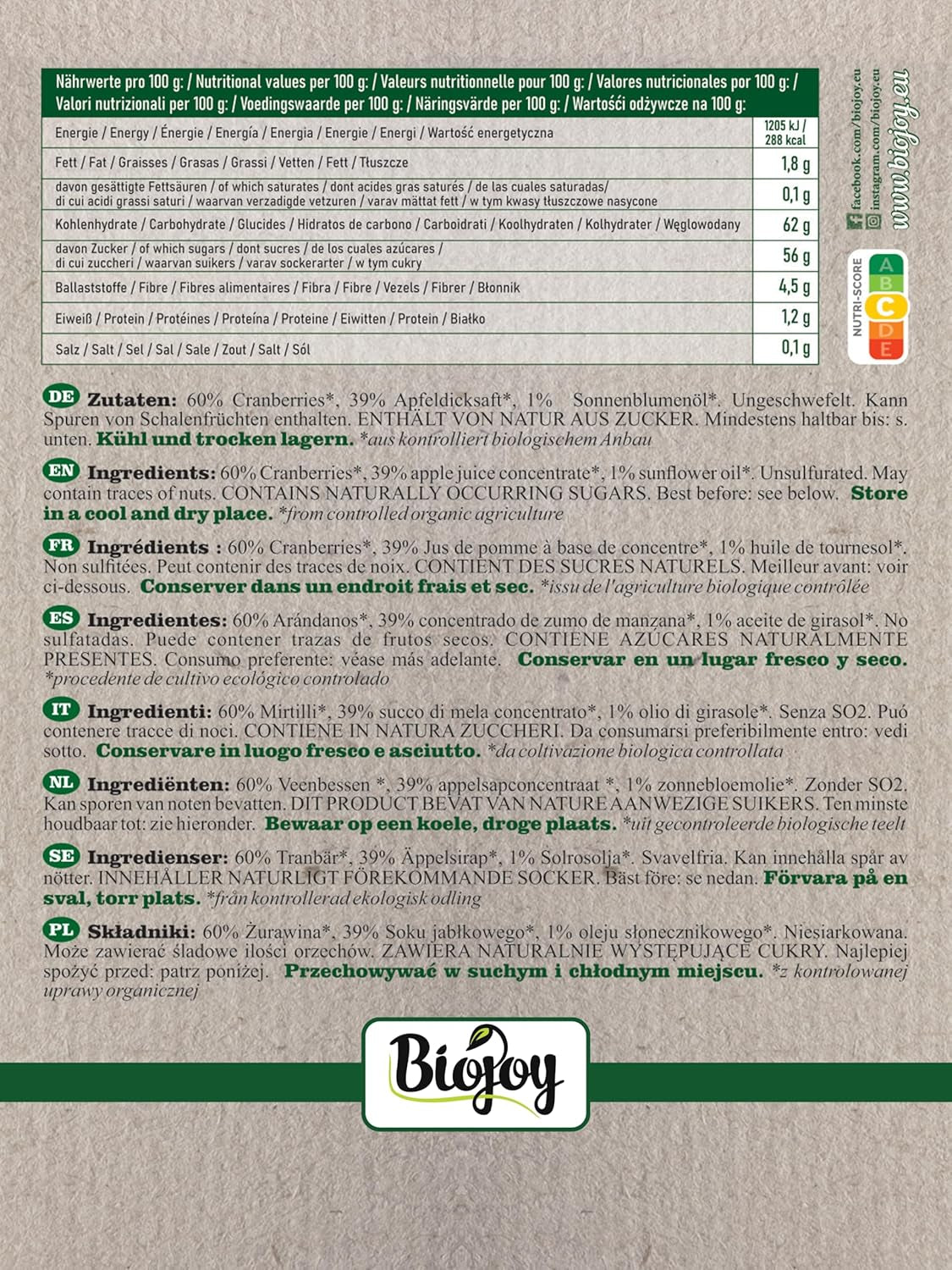 Biojoy økologiske tørrede tranebær (1 kg), tranebær sødet med æblesirup Dehydrerede produkter Naty Shop