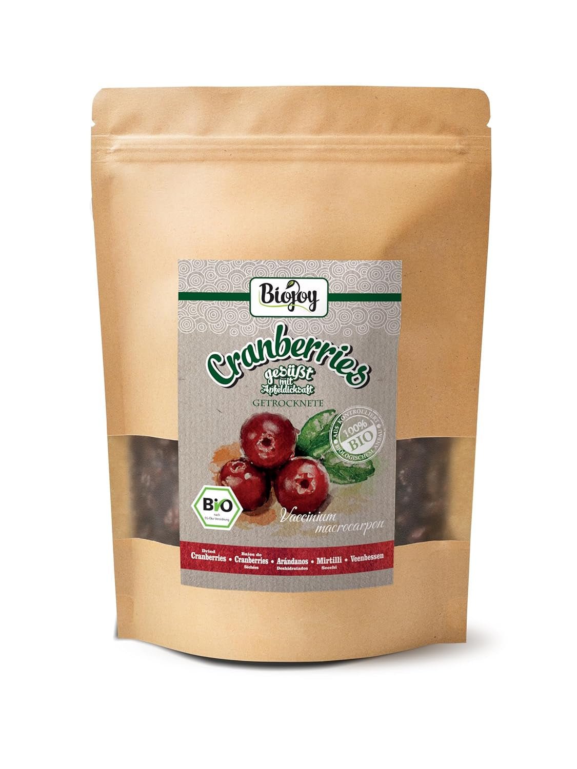 Biojoy økologiske tørrede tranebær (1 kg), tranebær sødet med æblesirup Dehydrerede produkter Naty Shop 500 G