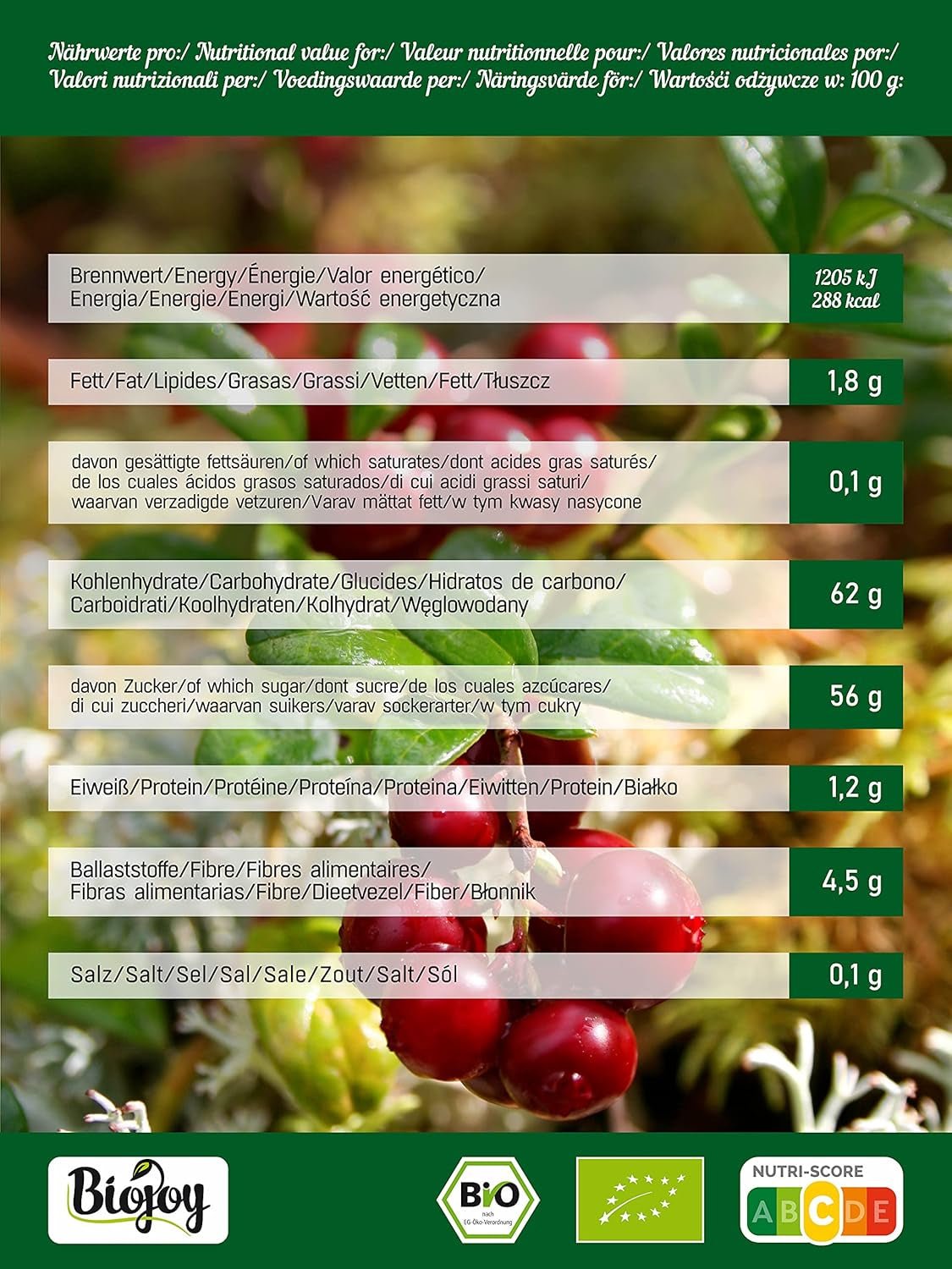 Biojoy økologiske tørrede tranebær (1 kg), tranebær sødet med æblesirup Dehydrerede produkter Naty Shop