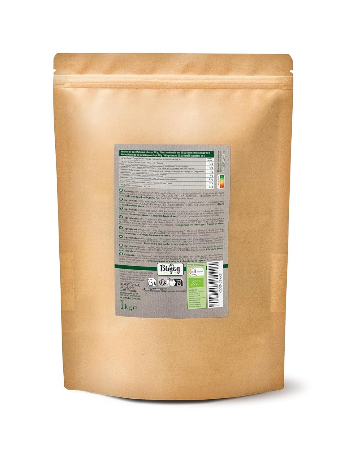 Biojoy økologiske tørrede tranebær (1 kg), tranebær sødet med æblesirup Dehydrerede produkter Naty Shop