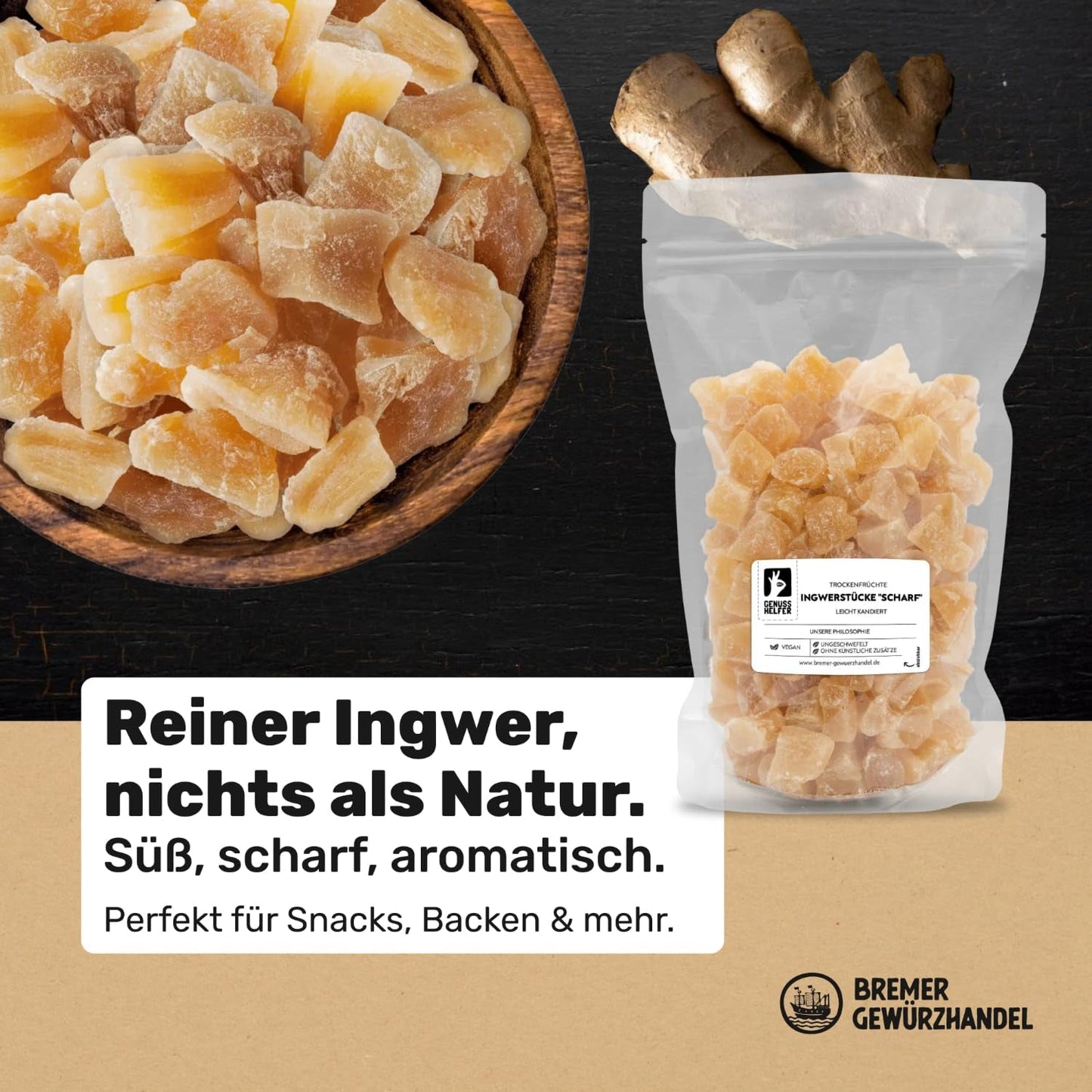 Bremer Gewürzhandel ingefær, stykker af tørret frugt krydret, aromatisk, krydret, usulfuriseret, 1 kg Dehydrerede produkter Naty Shop