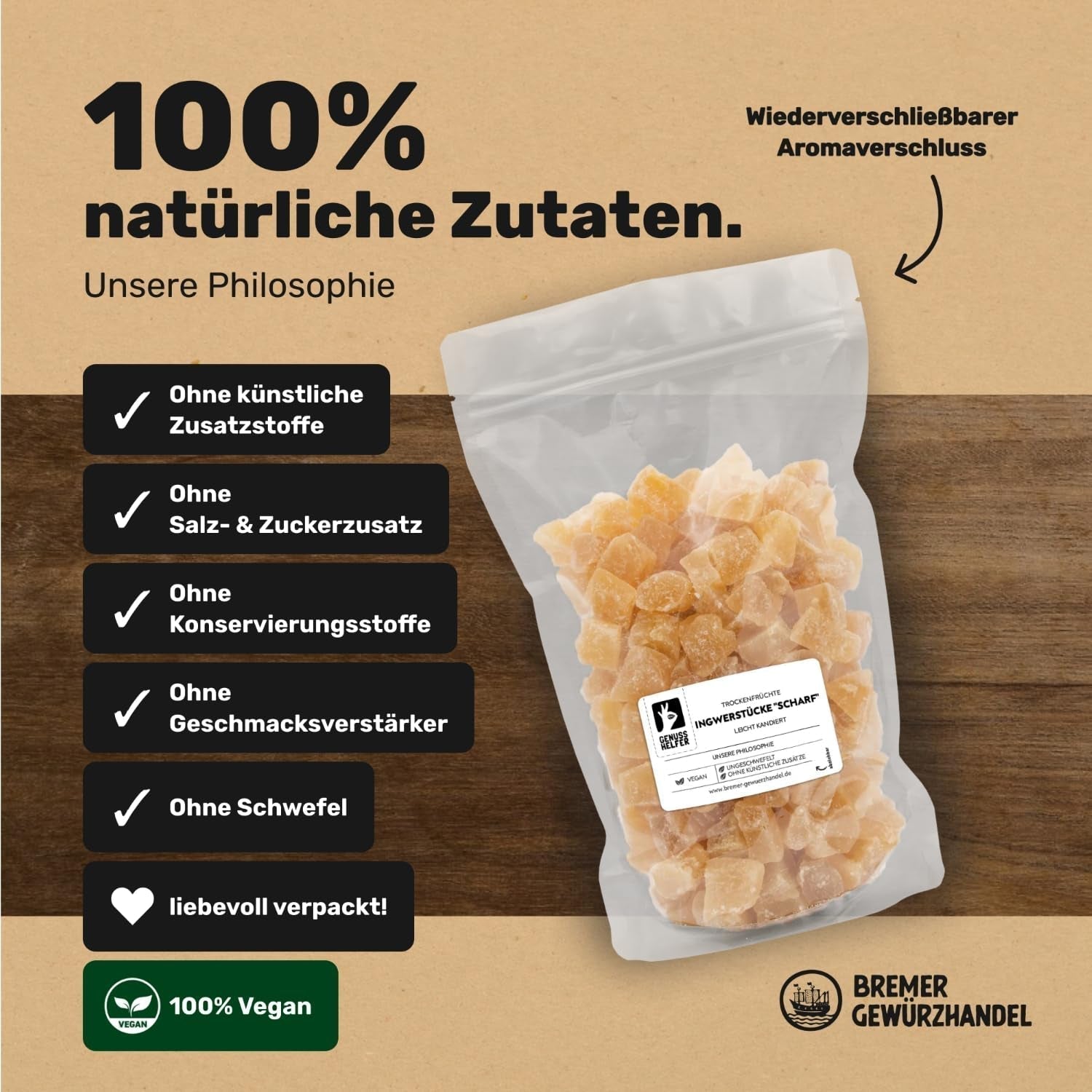 Bremer Gewürzhandel ingefær, stykker af tørret frugt krydret, aromatisk, krydret, usulfuriseret, 1 kg Dehydrerede produkter Naty Shop