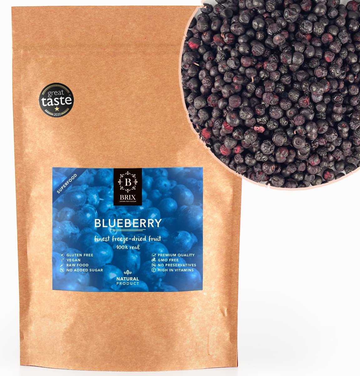 BRIX Frysetørrede blåbær | Naturlige blåbær, tørret 95 g | Great Taste Award for tørrede tranebær | Ikke-GMO, glutenfri, veganske, tilbageholdte vitaminer Naty Shop Dehydrerede produkter Standardtitel