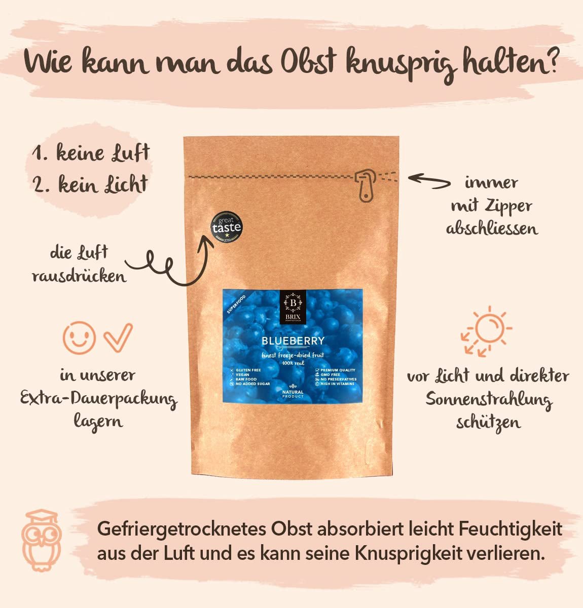 BRIX Frysetørrede blåbær | Naturlige blåbær, tørret 95 g | Great Taste Award for tørrede tranebær | Ikke-GMO, glutenfri, veganske, tilbageholdte vitaminer Naty Shop dehydrerede produkter