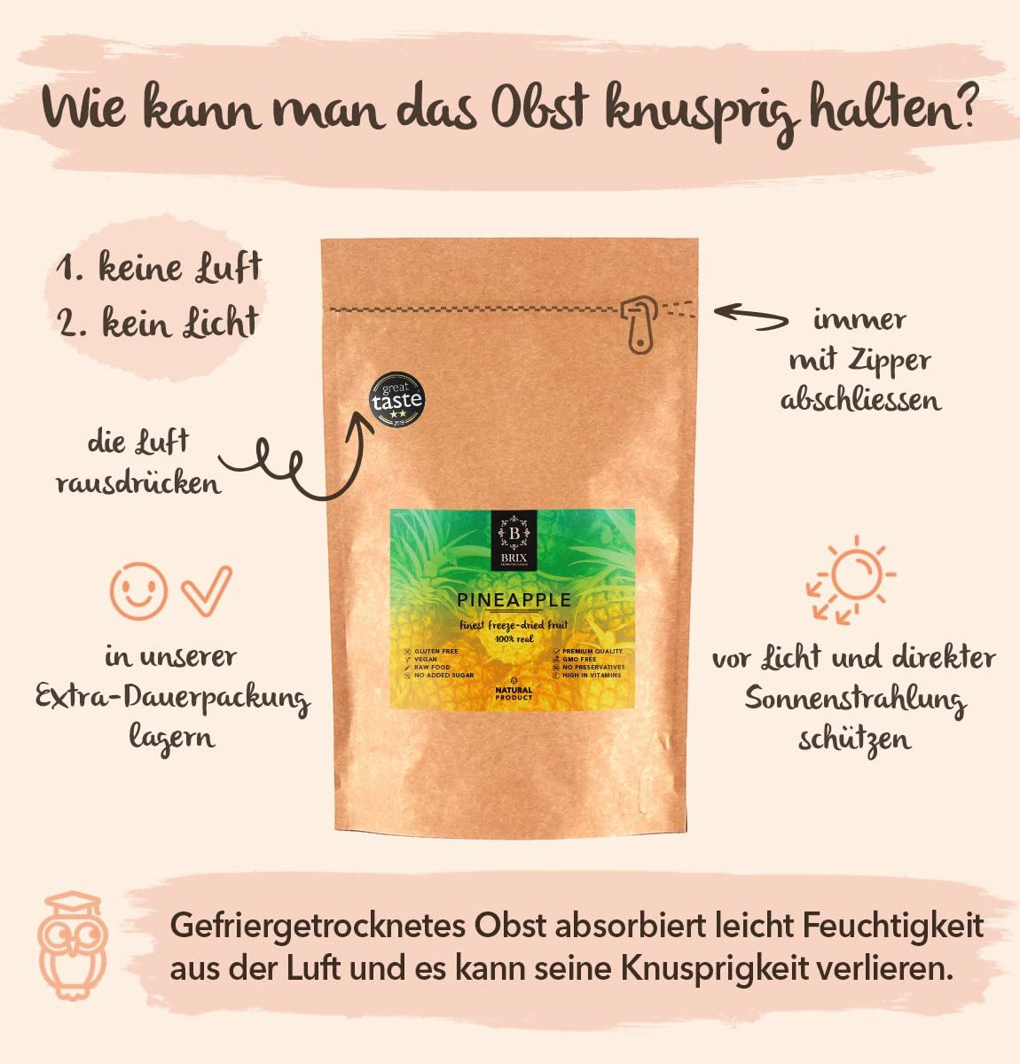 BRIX Frysetørret ananas | Naturlig, tørret ananas 95 g | Great Taste Award tørret frugt, frysetørret ananas | Ikke-GMO, glutenfri, veganske, tilbageholdte vitaminer Naty Shop dehydrerede produkter