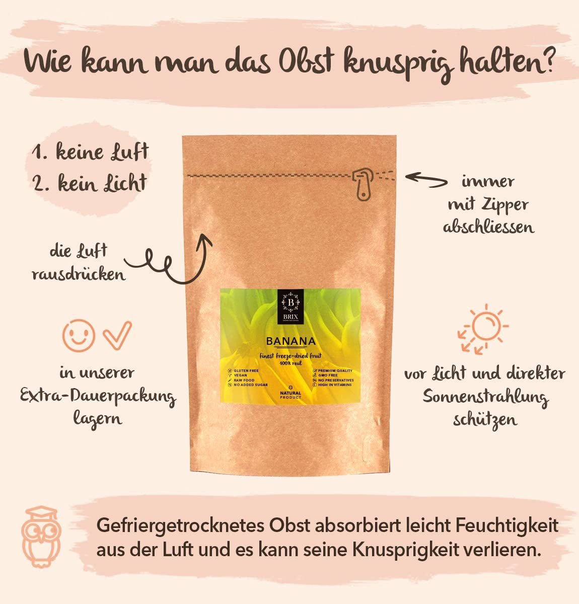 BRIX frysetørrede bananer | Naturlige bananer, tørrede 140 g | Great Taste Award for tørret frugt, tørret | Ikke-GMO, glutenfri, vegansk, konserverede vitaminer Naty Shop Dehydrerede produkter