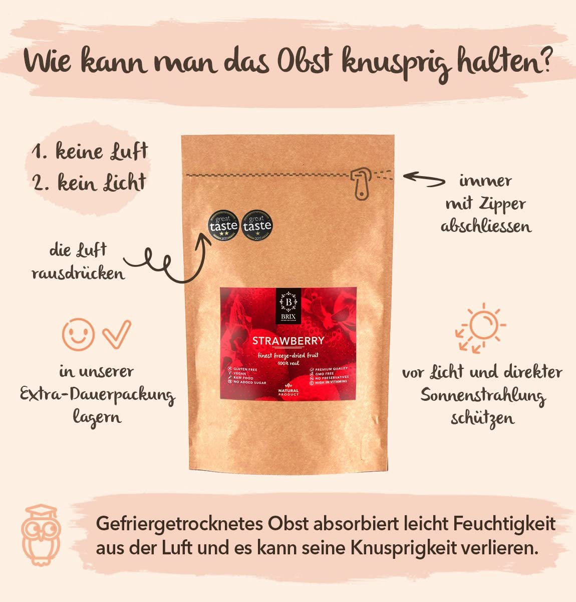 BRIX frysetørrede jordbær | Naturlige jordbær 75 g | Great Taste Award for tørret, frysetørret frugt | Ikke-GMO, glutenfri, veganske, tilbageholdte vitaminer Naty Shop dehydrerede produkter
