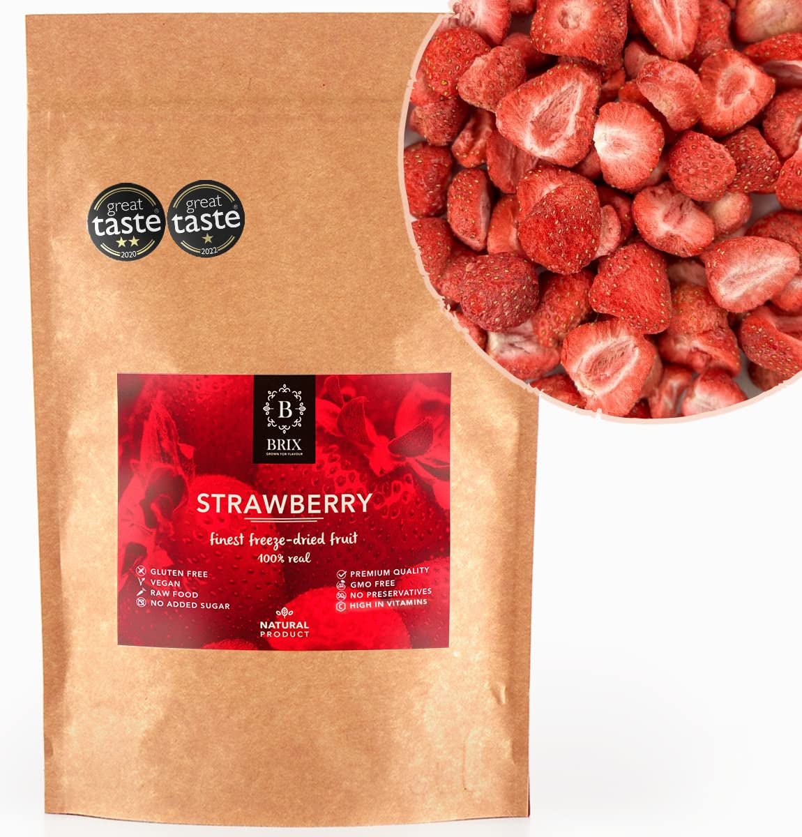BRIX frysetørrede jordbær | Naturlige jordbær 75 g | Great Taste Award for tørret, frysetørret frugt | Ikke-GMO, glutenfri, veganske, tilbageholdte vitaminer Naty Shop Dehydrerede produkter Standardtitel