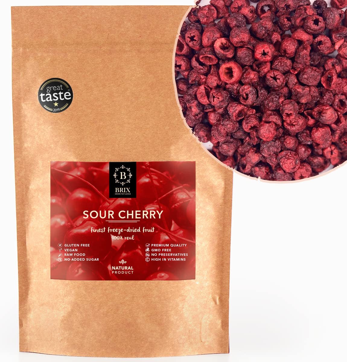 BRIX Frysetørrede bitre kirsebær | Naturlige tørrede kirsebær 105g | Great Taste Award tørrede frugter, tørrede bitre kirsebær | Ikke-GMO glutenfri veganske vitaminer er bevaret Naty Shop Dehydrerede produkter Standard titel