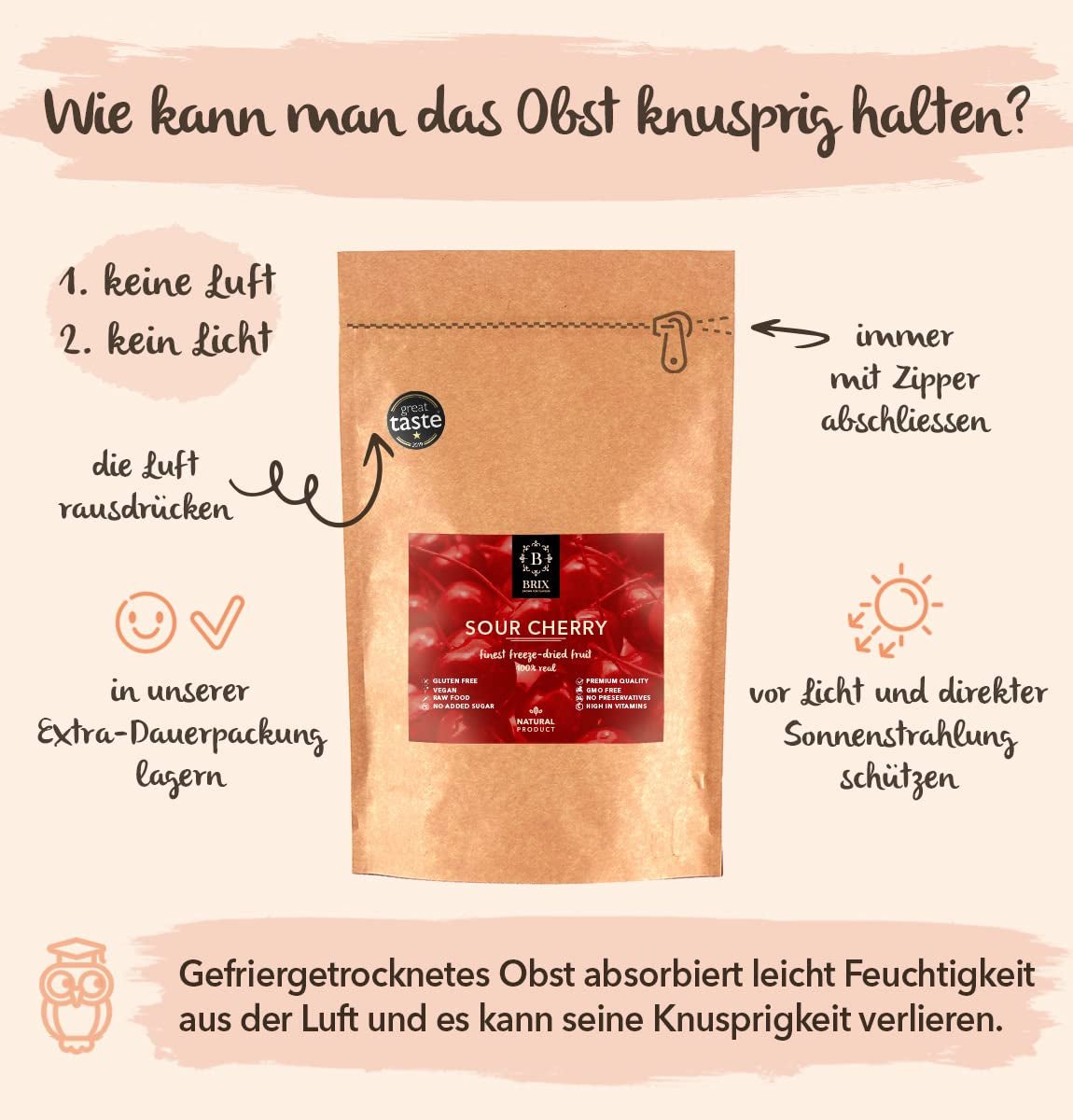 BRIX Frysetørrede bitre kirsebær | Naturlige tørrede kirsebær 105g | Great Taste Award tørrede frugter, tørrede bitre kirsebær | GMO-fri glutenfri veganske vitaminer er konserverede Naty Shop-dehydrerede produkter