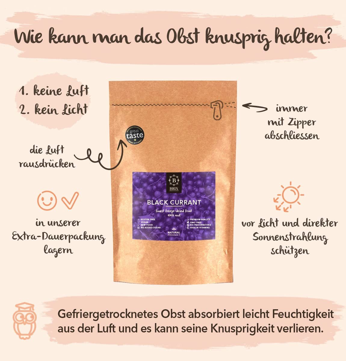 BRIX Tørrede solbær | Tørrede solbær 105 g | Great Taste Award, tørrede solbær | Ikke-GMO, glutenfri, veganske, tilbageholdte vitaminer Naty Shop dehydrerede produkter
