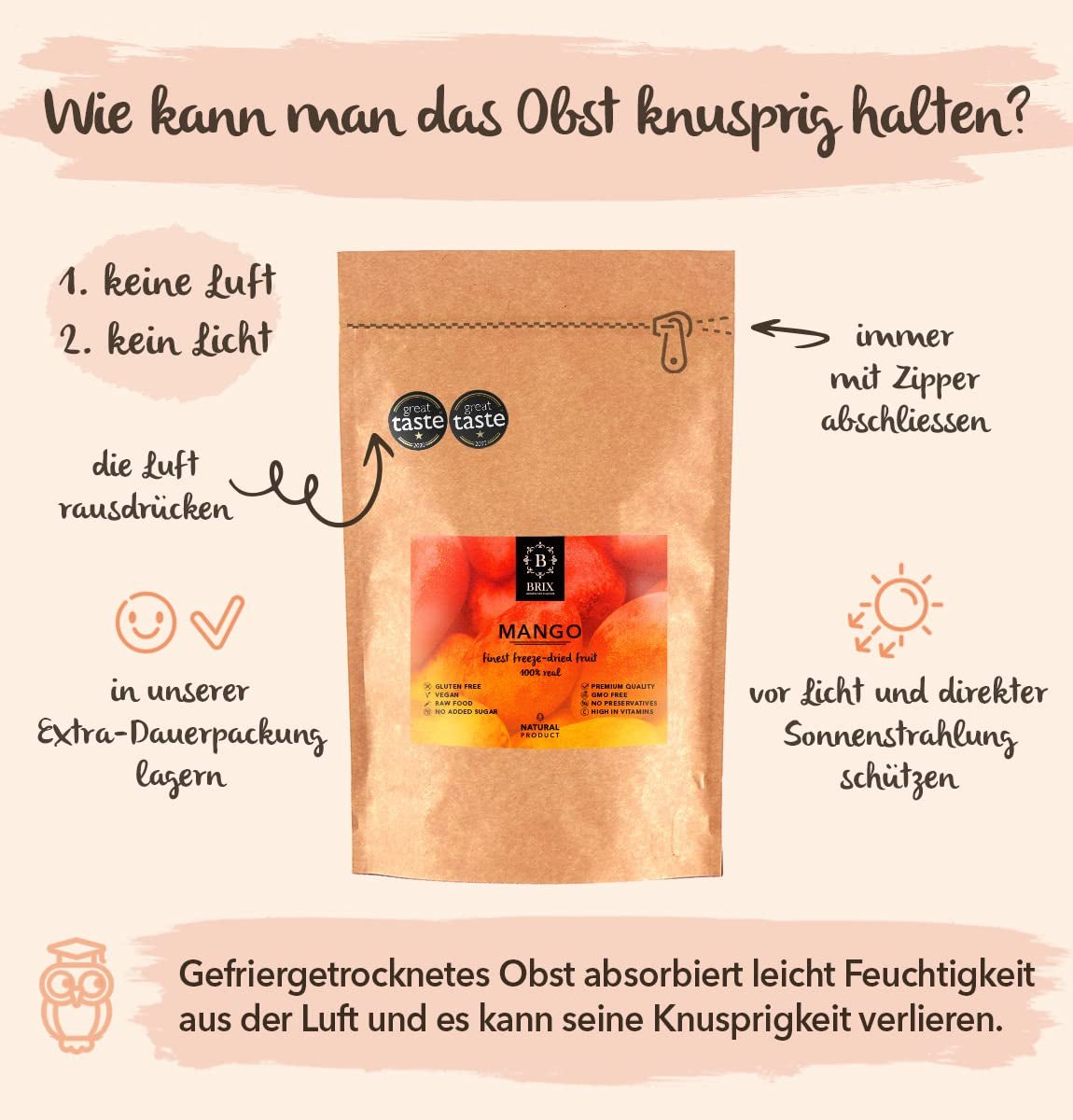 BRIX Frysetørret Mango | Naturlige, tørrede mangoskiver 95 g | Great Taste Award tørret frugt, frysetørret mango | Ikke-GMO, glutenfri, veganske, tilbageholdte vitaminer Naty Shop dehydrerede produkter