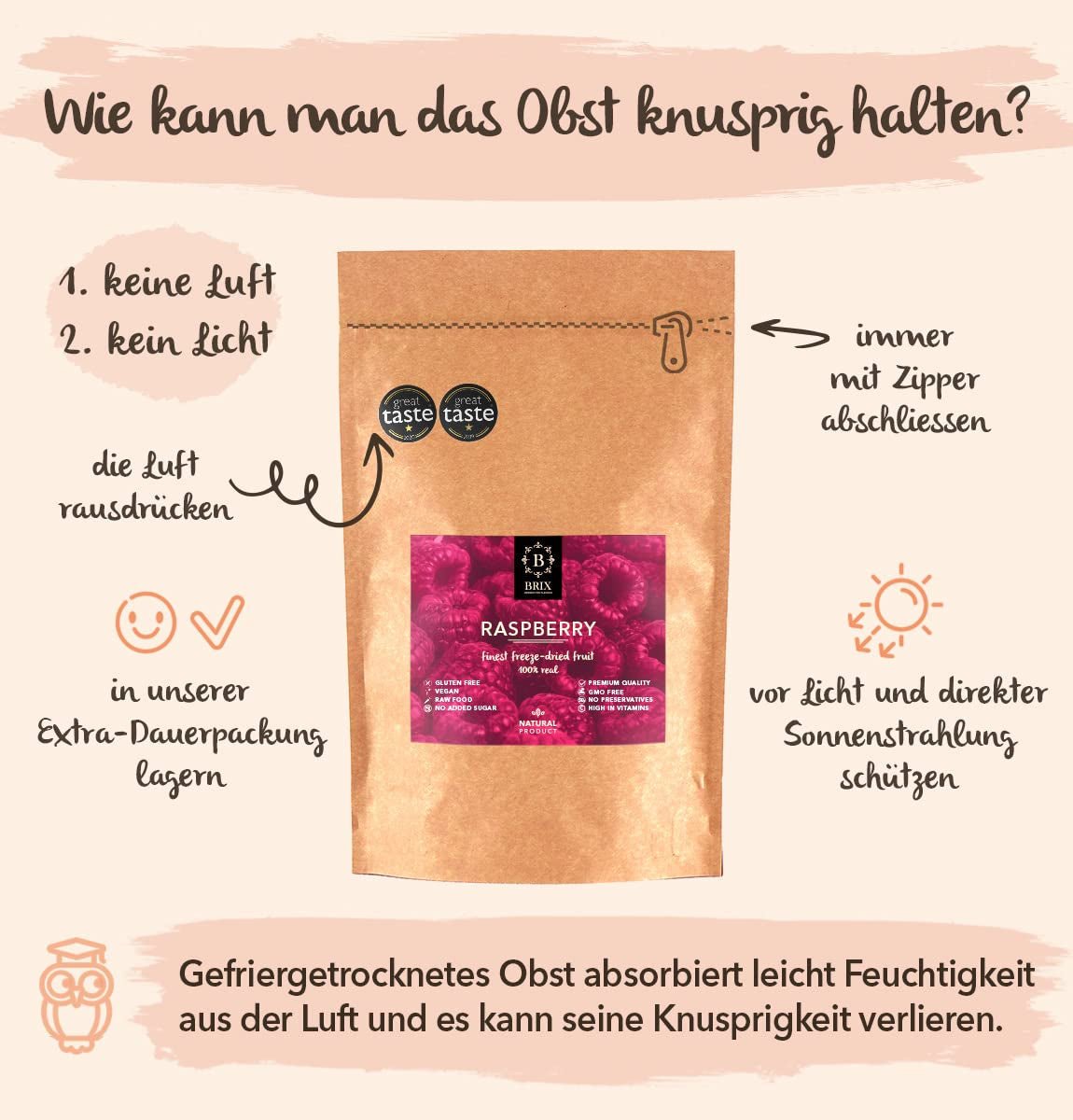 BRIX tørrede hindbær | Naturlig hindbær, frysetørret 85 g | Great Taste Award for tørret frugt | Ikke-GMO, glutenfri, vegansk, konserverede vitaminer Naty Shop Dehydrerede produkter