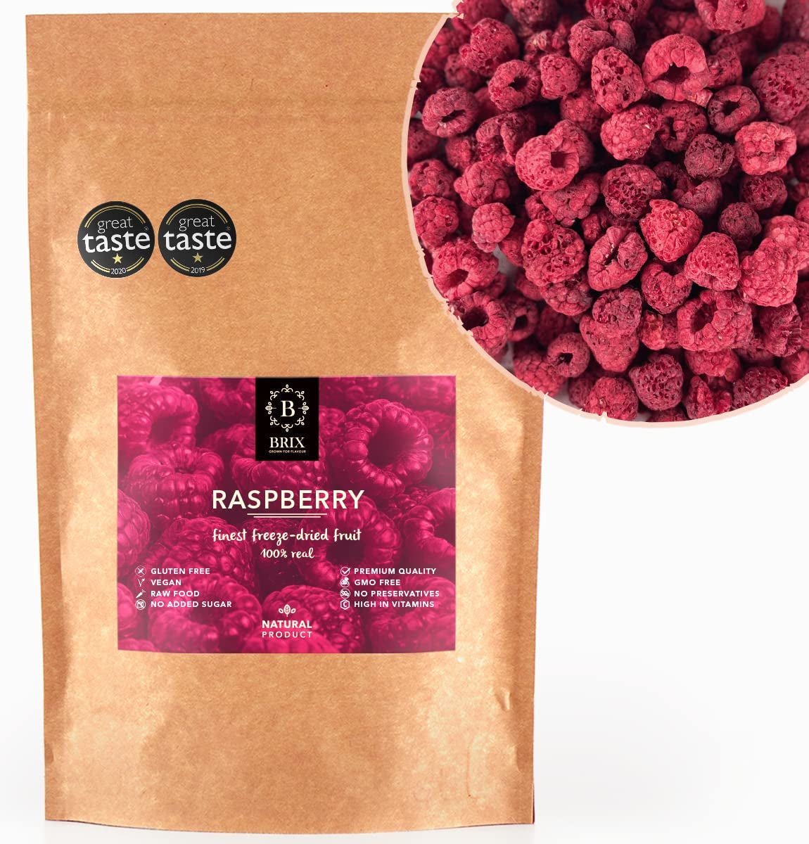 BRIX tørrede hindbær | Naturlig hindbær, frysetørret 85 g | Great Taste Award for tørret frugt | Ikke-GMO, glutenfri, vegansk, konserverede vitaminer Naty Shop Dehydrerede produkter Standardtitel
