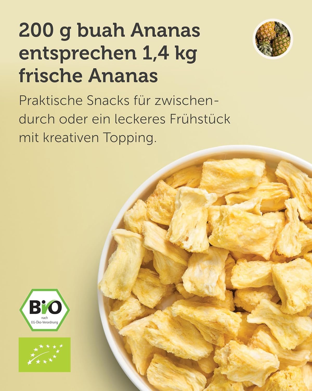 BUAH® Frysetørret ananas | Ananaschips som snack eller til müsli og desserter | Ideel erstatning for slik | Vegansk og uden tilsat sukker | 100% frysetørret frugt | 200 g Naty Shop dehydrerede produkter