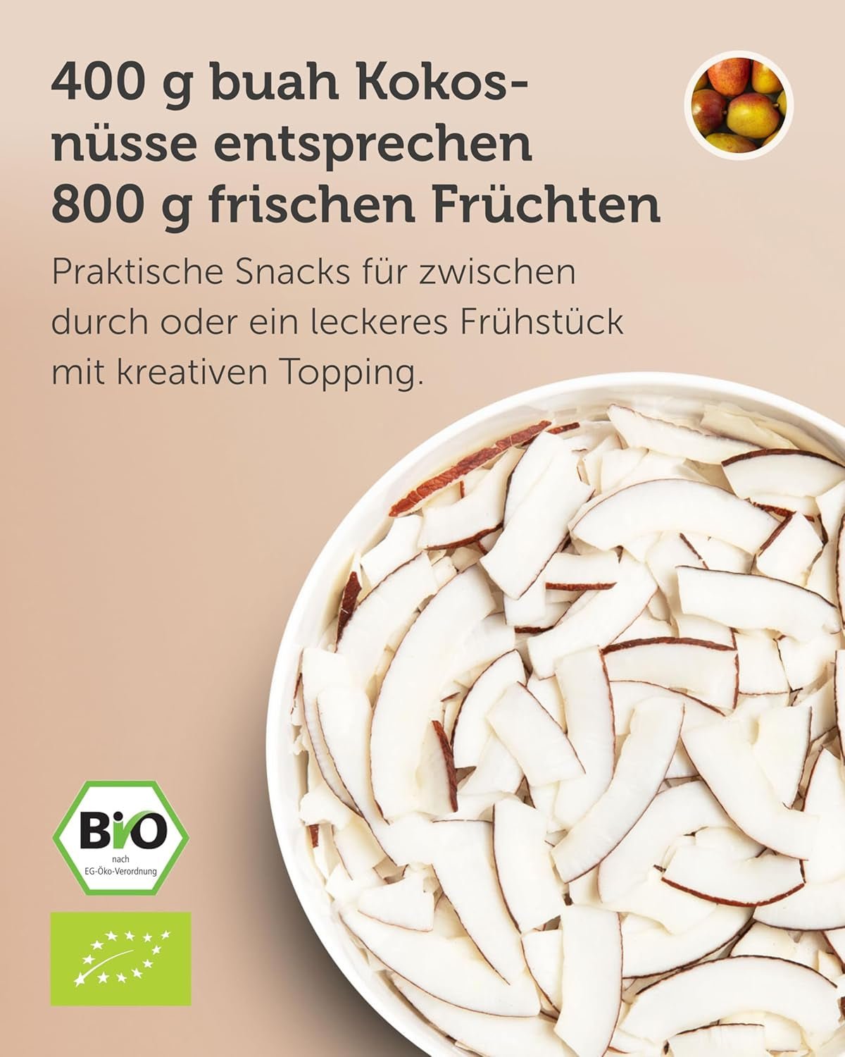 BUAH® tørrede kokoschips | Økologiske kokoschips, snack, müsli og bagning af kokoschips | Ideel erstatning for slik | Vegansk og uden tilsat sukker | 400g Naty Shop dehydrerede produkter