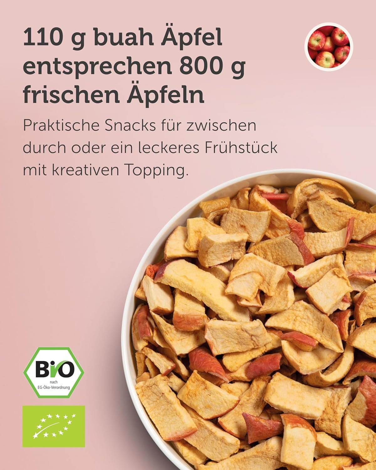 BUAH® Økologiske frysetørrede æbler | Frysetørrede økologiske æbler uden tilsat sukker | 100% frysetørret frugt (vegansk glutenfri laktosefri) | Ideel snack (110g) Naty Shop dehydrerede produkter