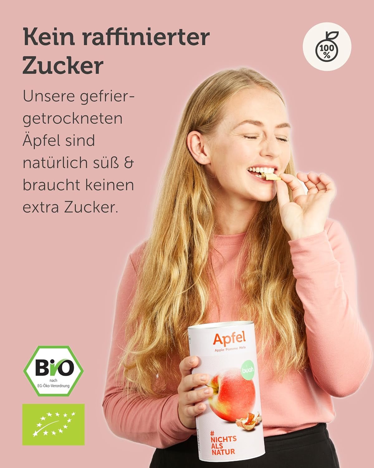 BUAH® Økologiske frysetørrede æbler | Frysetørrede økologiske æbler uden tilsat sukker | 100% frysetørret frugt (vegansk glutenfri laktosefri) | Ideel snack (110g) Naty Shop dehydrerede produkter