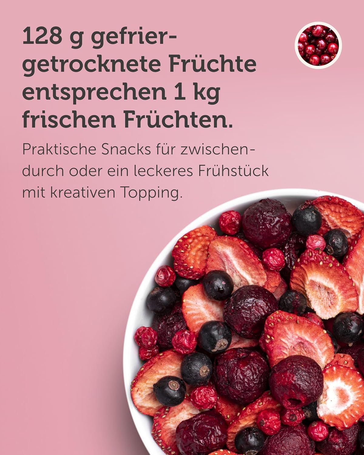 BUAH® Frysetørret frugtblanding | kirsebær, jordbær, røde og solbær frysetørrede uden tilsat sukker | 100% frugt | vegansk, glutenfri, laktosefri (128g) Naty Shop dehydrerede produkter