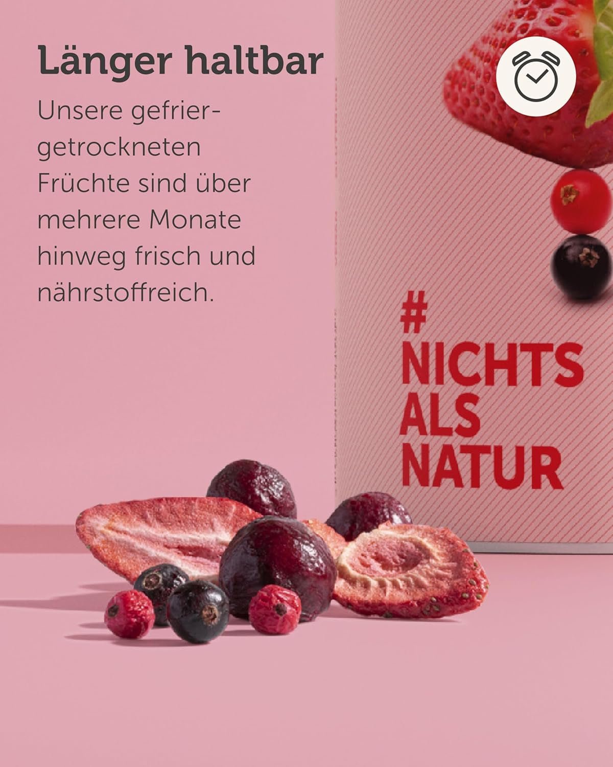 BUAH® Frysetørret frugtblanding | kirsebær, jordbær, røde og solbær frysetørrede uden tilsat sukker | 100% frugt | vegansk, glutenfri, laktosefri (128g) Naty Shop dehydrerede produkter