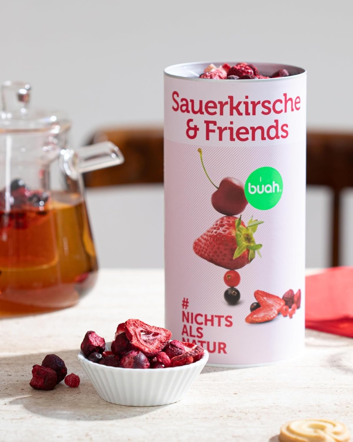 BUAH® Frysetørret frugtblanding | kirsebær, jordbær, røde og solbær frysetørrede uden tilsat sukker | 100% frugt | vegansk, glutenfri, laktosefri (128g) Naty Shop dehydrerede produkter