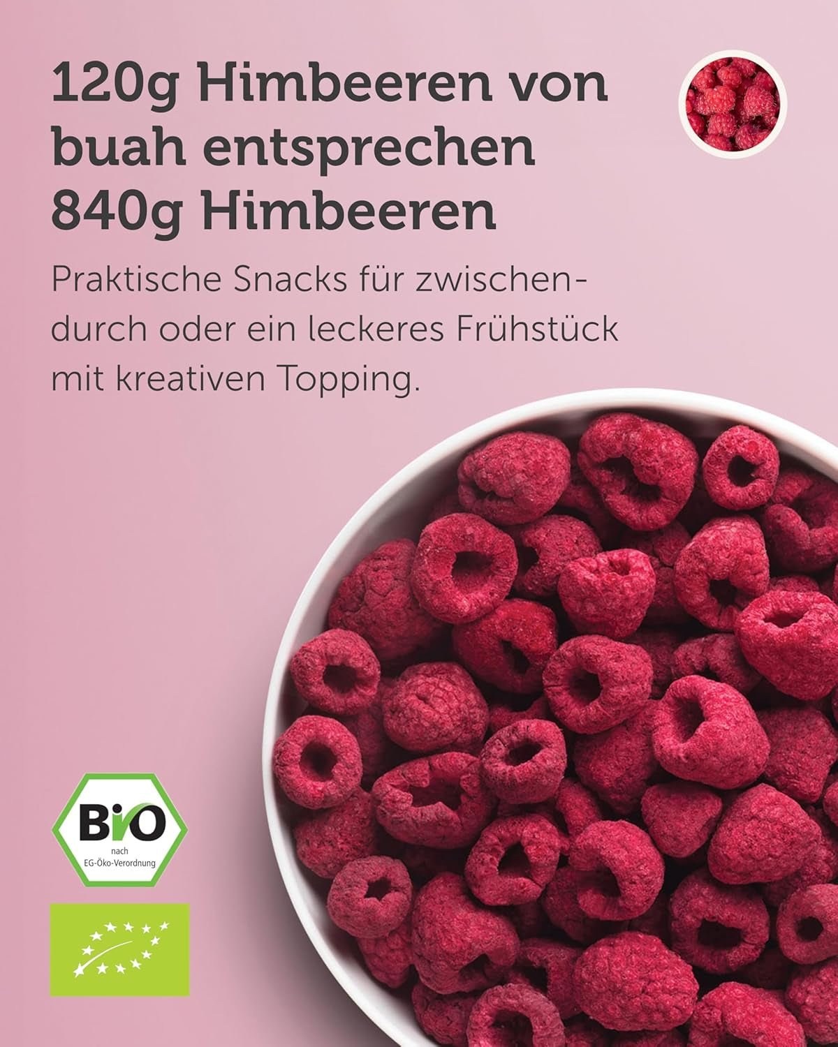 BUAH® Økologisk frysetørret hindbær | hindbærchips som snack, til müsli og desserter | ideel erstatning for slik | vegansk og uden tilsat sukker | 120g Naty Shop dehydrerede produkter