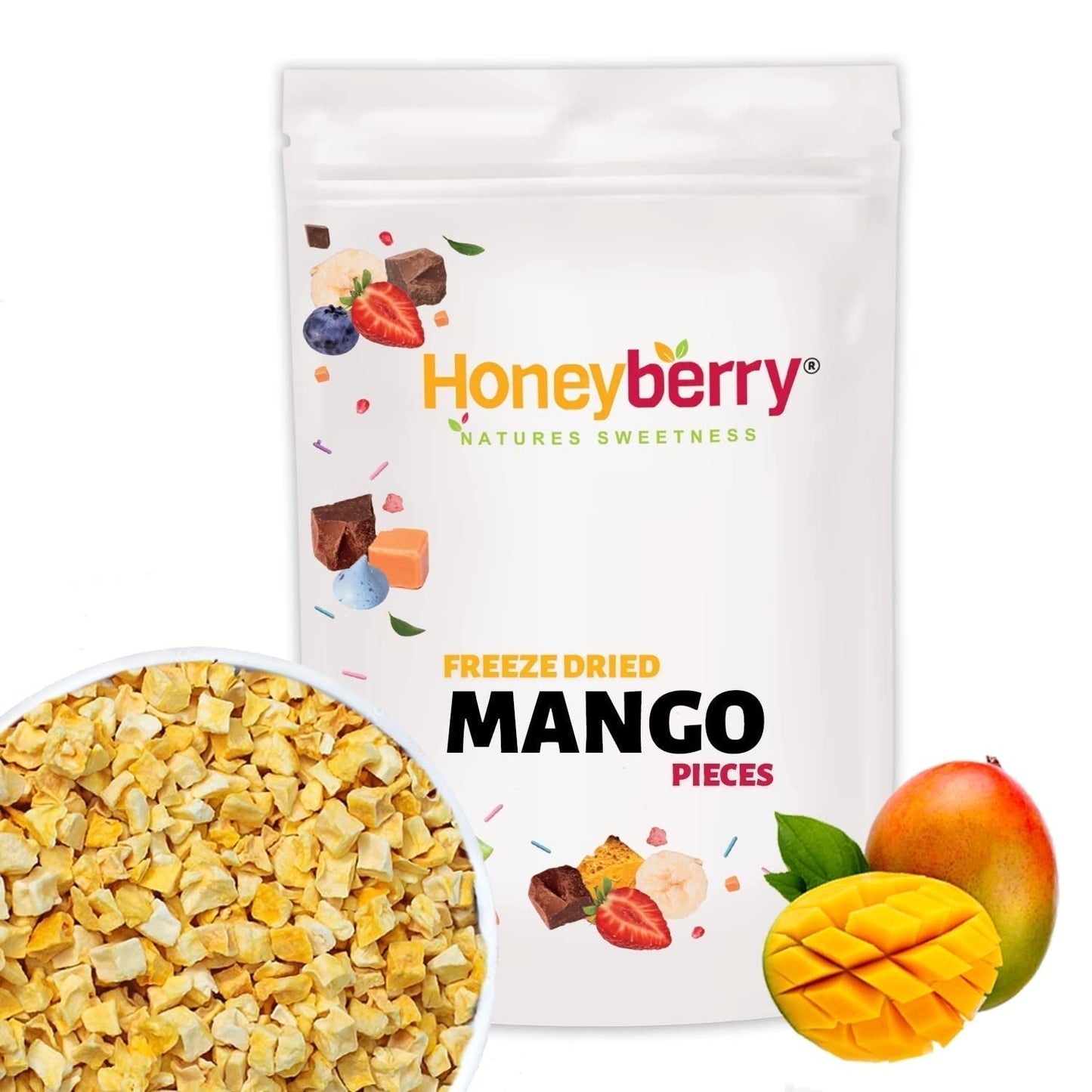 Frysetørrede mangostykker 100g - Frysetørret frugt - Frysetørret tørret frugt - Tørret mango - Perfekt til snacks, bagning, müsli, smoothies og desserter Dehydrerede produkter Naty Shop 100G